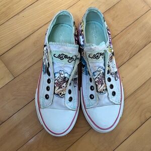 Ed Hardy Womens Tattoo Graphic Canvas Slip On Sneakers White Pink Geisha Size 7